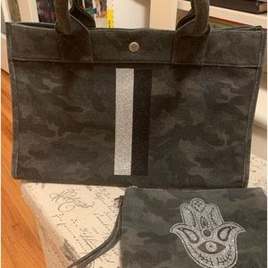 Quilted Koala NY, camouflage gray and black, with makeup pouch/wristlet.